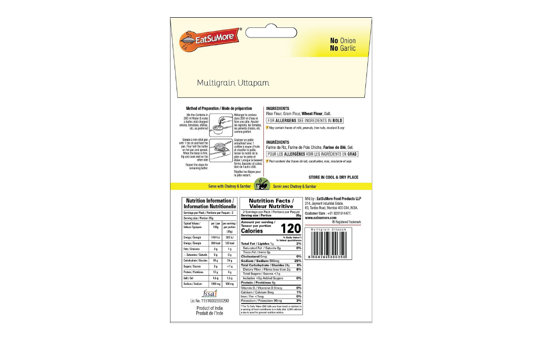 EatSuMore Multigrain Uttapam    Pack  70 grams
